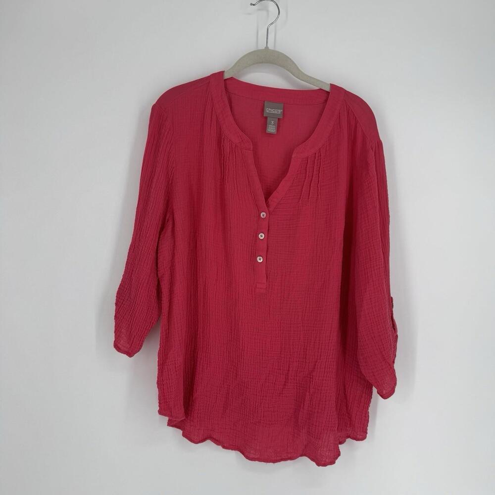Chicos top XL 16 pink gauzy cotton colorful shirt blouse beachy summer office